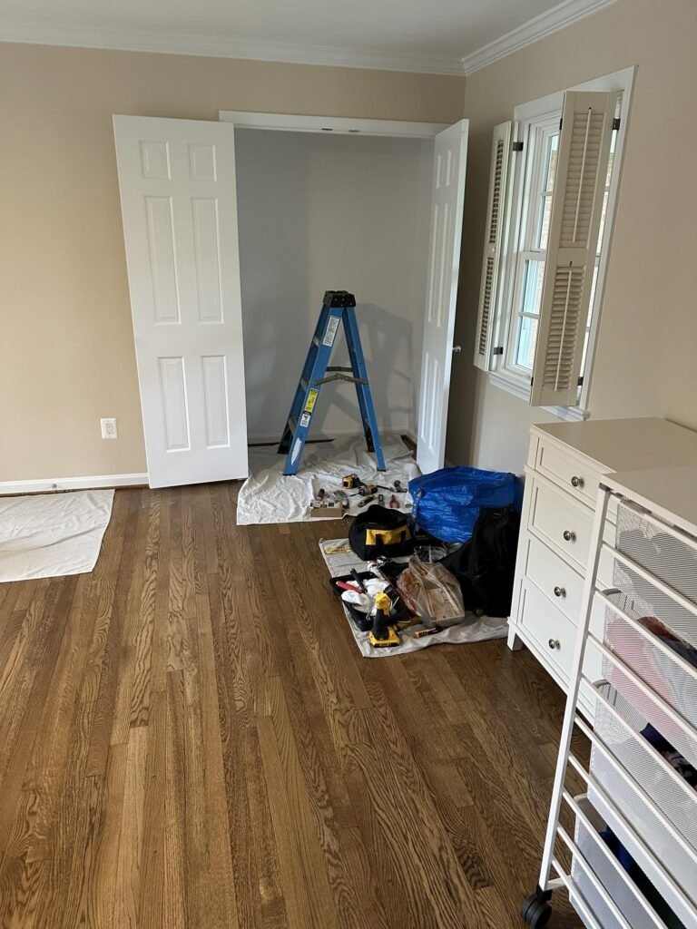 Installed closet doors with finished trim